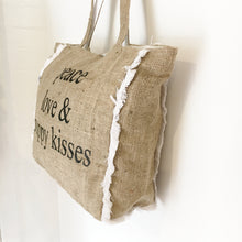 PEACE, LOVE & PUPPY KISSES - FRINGED HESSIAN TOTE BAG - Pet Pouch